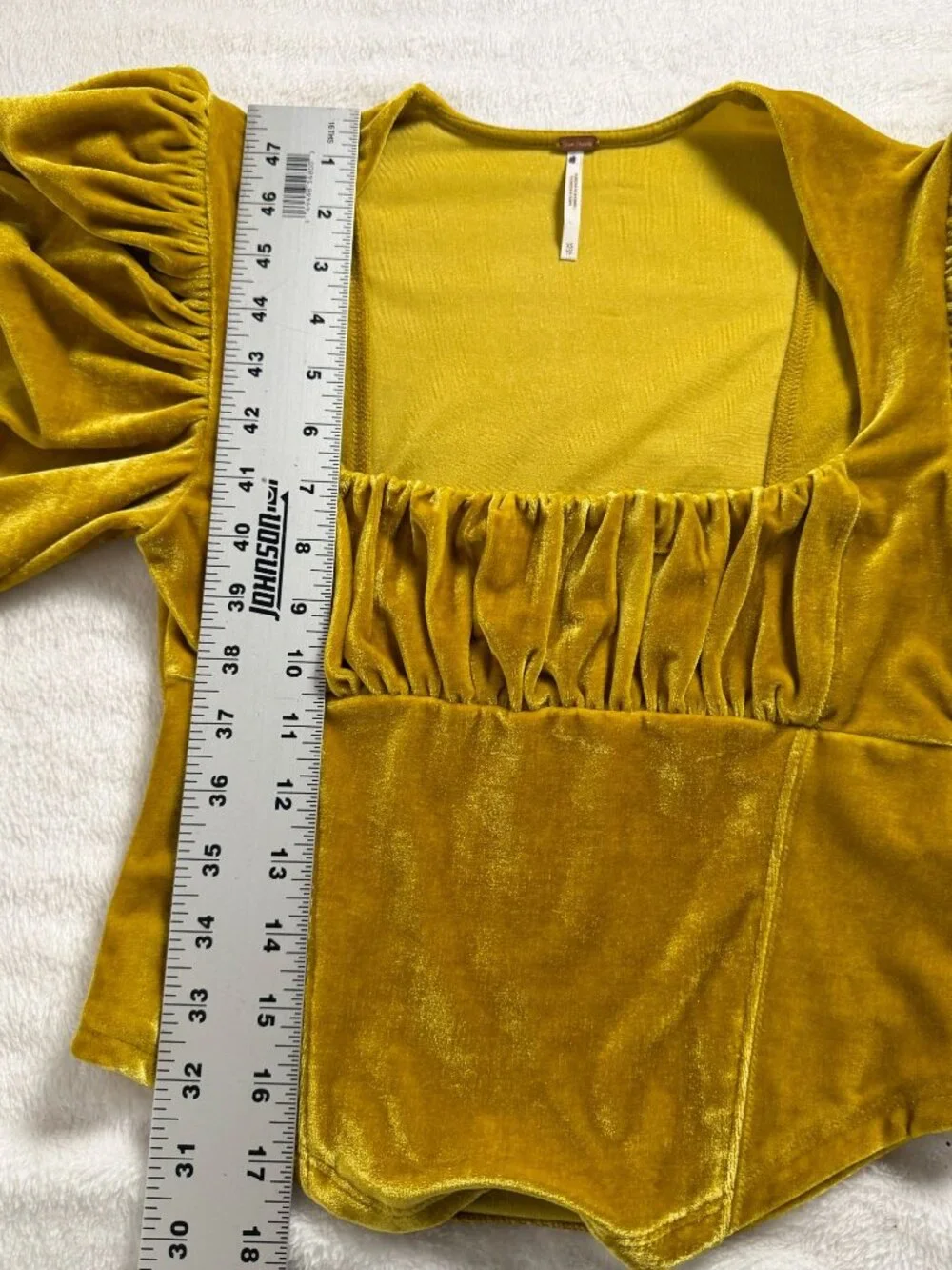 Free People Womens Hold Me Puff Sleeve Velvet Top XS Square Neck Ruched Mustard